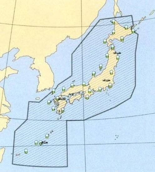 Khu nhận biết phòng không Nhật Bản thiết lập năm 1969, cách bờ biển Trung Quốc gần nhất 130 km.